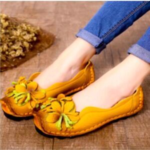 Socofy Leather Yellow Loafers with Floral Detail
